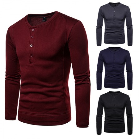 Men's Plus Size Plus Velvet Warm Henley Collar Long-Sleeved T-Shirt Bottoming Shirt