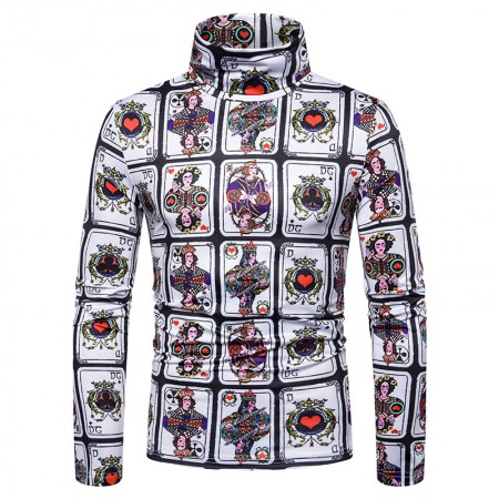 Men's Large Size 3D Nine Square Grid Playing Card Printing High Neck Long Sleeve T-Shirt Bottoming Shirt