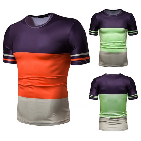 New Summer Men's Short-Sleeved T-Shirt Mens Contrast Striped Slim Casual T-Shirt